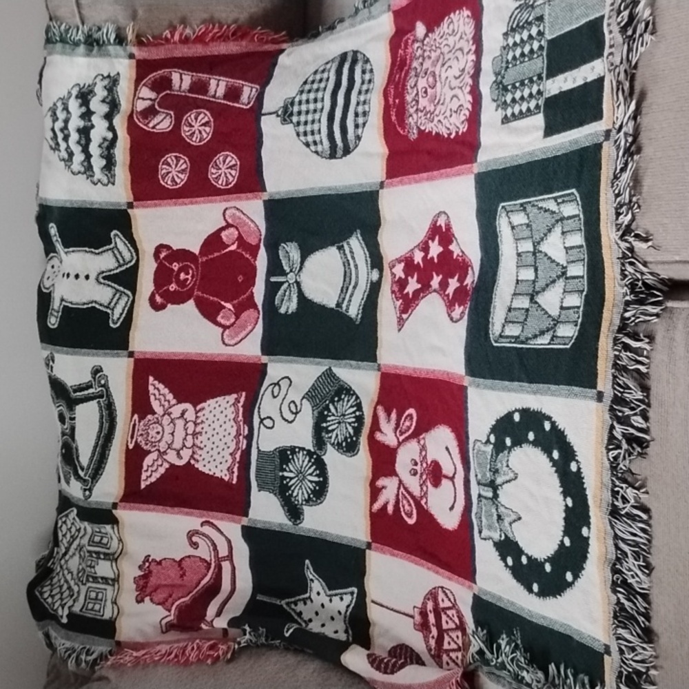 Crown Holiday Blanket - Red, Green, White, Cotton Tapestry Christmas Throw, 90s